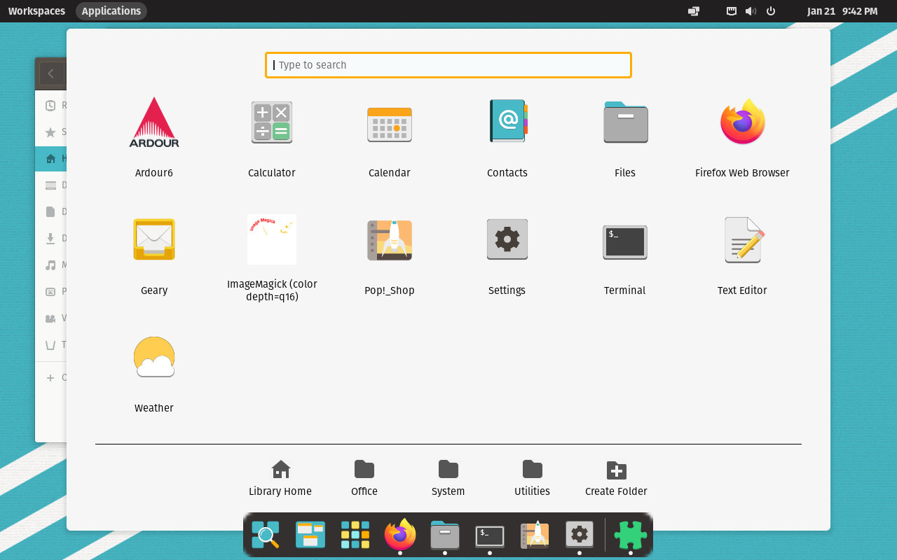 Pop!_OS application menu, showing “Library Home”