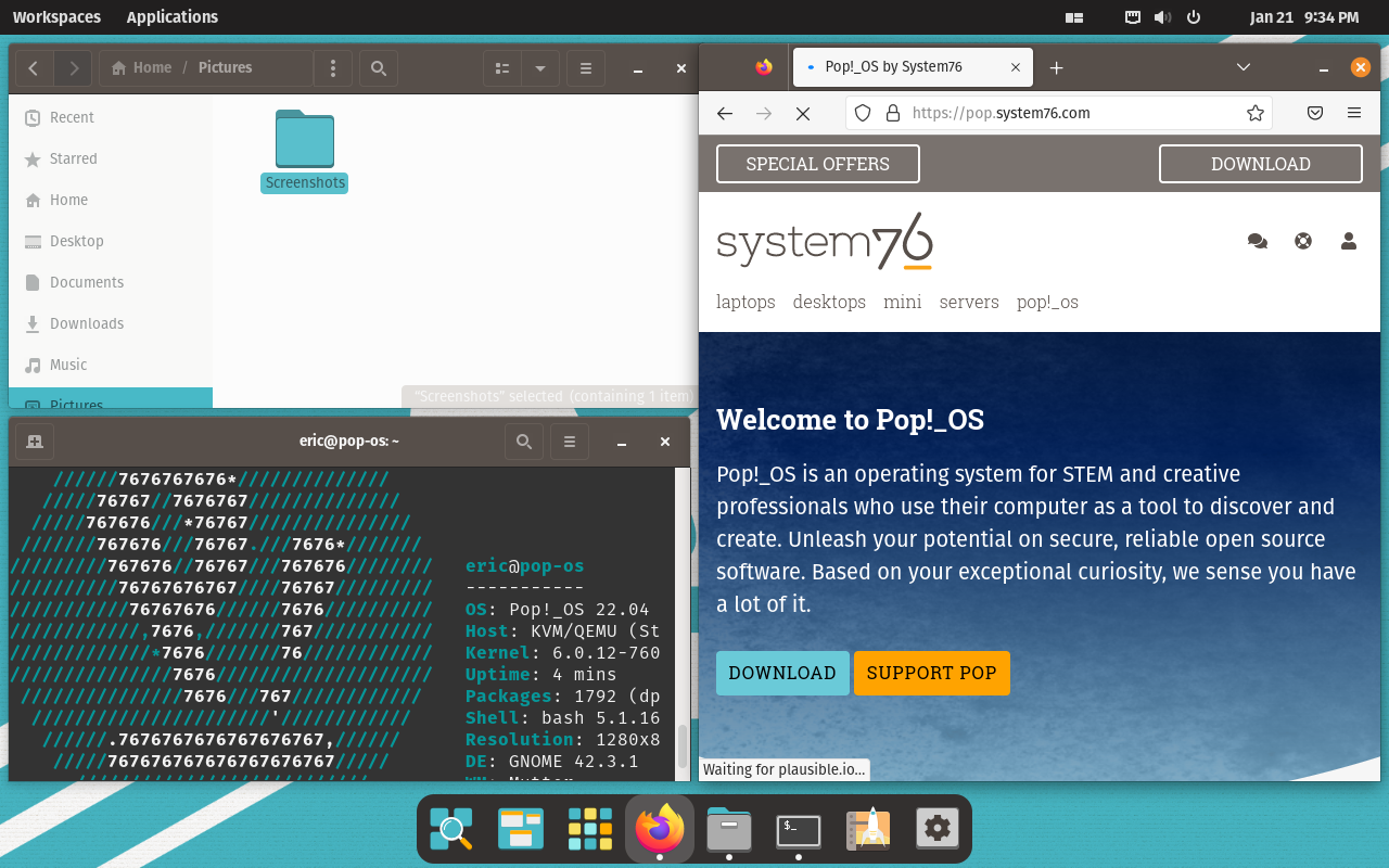 Pop!_OS auto tiling, with GNOME Files, Firefox and GNOME Terminal open